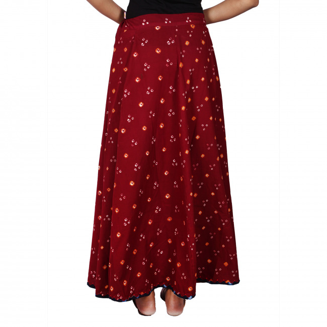 Bandhani Print & Kutchi Embroidered Border Rayon Skirt/Chaniya -  BandhaniSkirt-Pink - Banjara India - 3379700